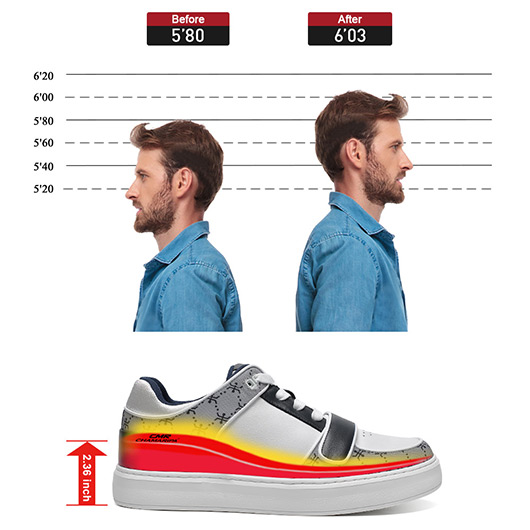 Casual Elevator Shoes For Men - White Leather & Grey Printed Cloth Height Increasing Shoes 6 CM