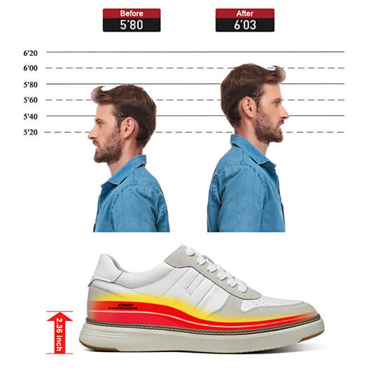 Elevator Sports Shoes For Men - Off White Leather Casual Height Increasing Shoes 2.36 Inches / 6CM