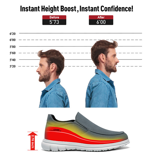 Men's Shoes With Higher Heels - Grey Canvas Slip-On Casual Shoes 7CM / 2.76 Inches