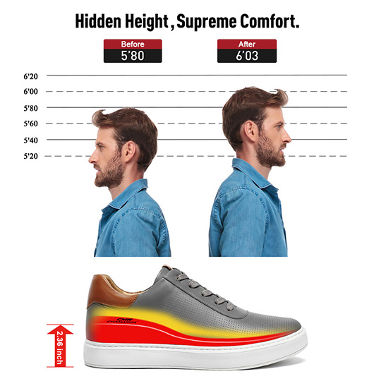 Height Increasing Casual Shoes - Gray Leather Men's Shoes That Make You Taller 6CM / 2.36 Inches