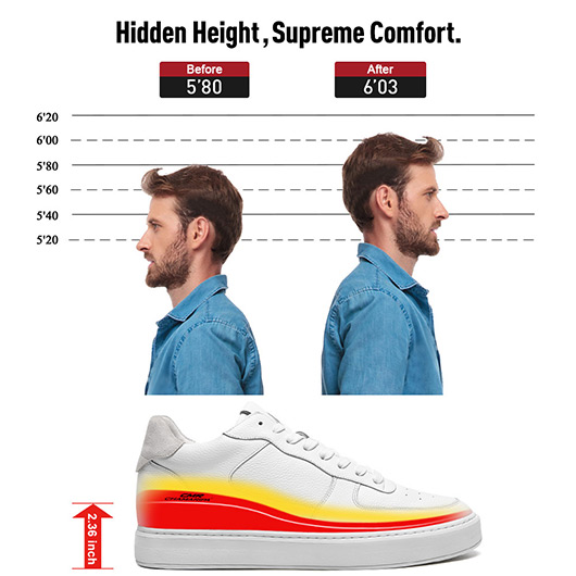 Elevator Shoes For Men - White Leather Hidden High Heel Shoes 6CM / 2.36 Inches