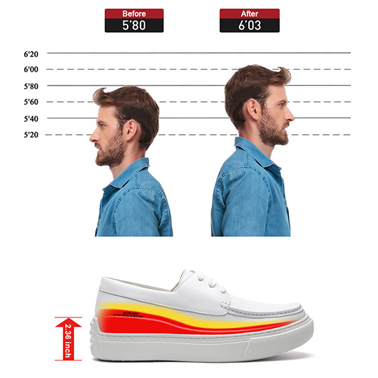 High Heel Shoes for Men - White Leather Casual Platform Shoes 6CM / 2.36 Inches
