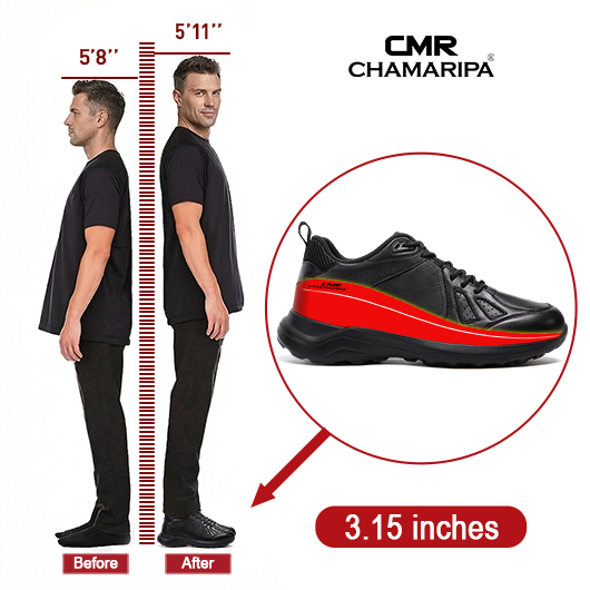 Height Increasing Wide fit Shoes | Black Leather Men's Wide Width Elevator Sneakers 8CM / 3.15 Inches