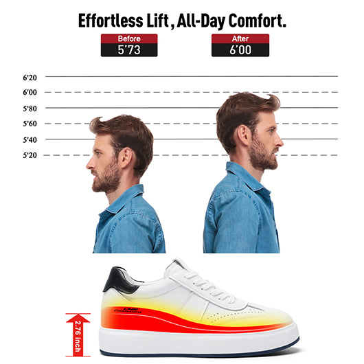 Wide Fit Elevator Sneakers | White Leather Wide Width Shoes that add Height 7CM / 2.76 Inches