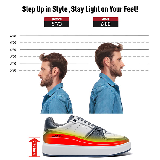 Wide Width Elevator Sneakers - Blue Leather Casual Men Taller Shoes 7CM / 2.76 Inches