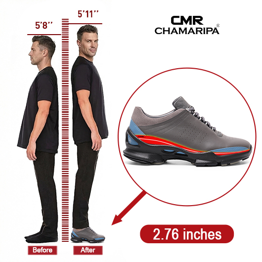 Men's Elevator Sports Shoes | Grey Breathable Leather Height Boosting Sneakers 7CM / 2.76 Inches