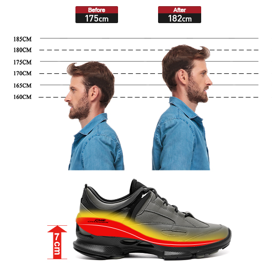Elevator Sneakers For Men - Gray Leather Hidden High Heel Shoes 7CM / 2.76 Inches