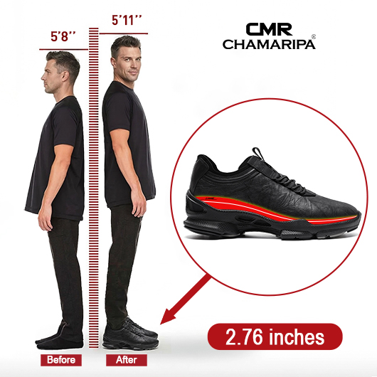 Men's Raised Heel Shoes | Black Leather Casual Elevator Sneakers 7CM / 2.76 Inches