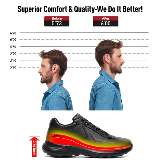 Men's Shoes With Higher Heels - Black Leather Sports Casual Shoes 7CM / 2.76 Inches