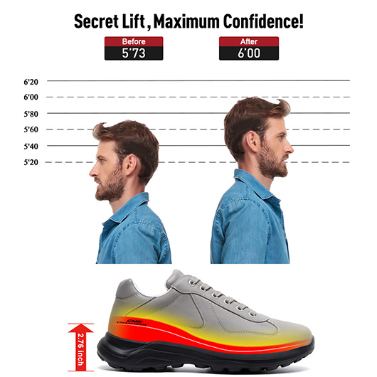 Men's Height Increase Shoes - Gray Leather Trainers That Make You Taller 7CM / 2.76 Inches