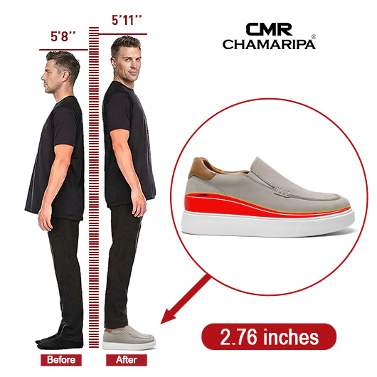 Shoes Height Increase Men | Grey Nubuck Leather Slip-on Loafers 2.76 Inches
