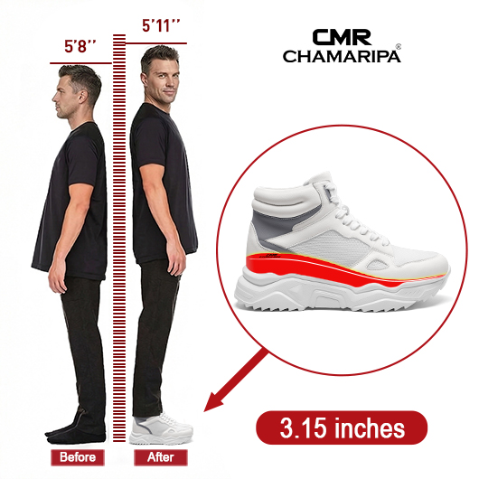 High Top Elevator Shoes for Men | White Leather Height Increasing Sneakers 8CM / 3.15 Inches