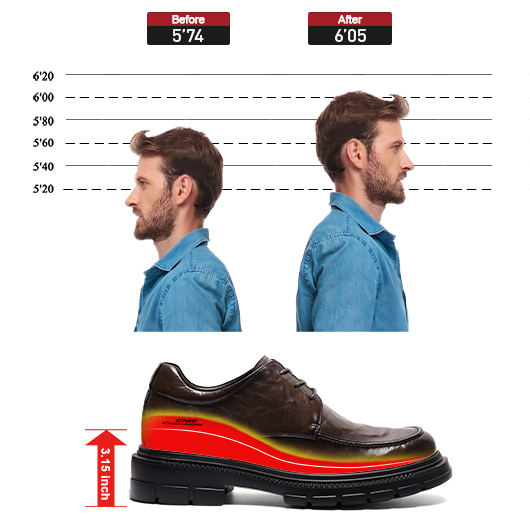 Men's Height Increasing Shoes | Coffee Leather Elevator Derby Shoes 8CM / 3.15 Inches
