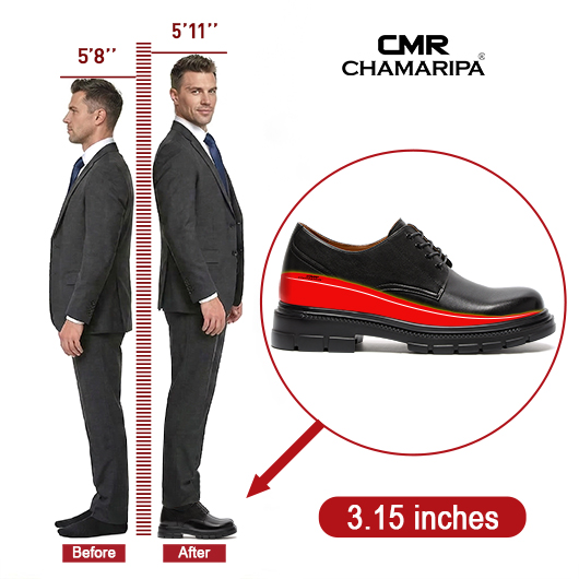 Height Boosting Shoes for Men | Black Leather Chunky Casual Derby Shoes 8 CM / 3.15 Inches