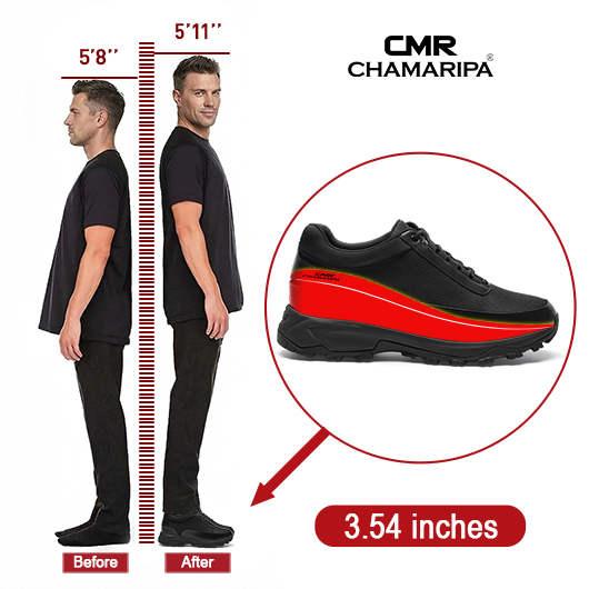 Mens Shoes That Make You Taller | Black Leather Rugged Outdoor Trainers 9 CM / 3.54 Inches