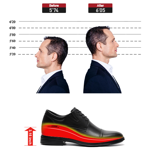 Men's Elevator Dress Shoes | Black Leather Formal Cap Toe Derby Shoes 8CM / 3.15 Inches