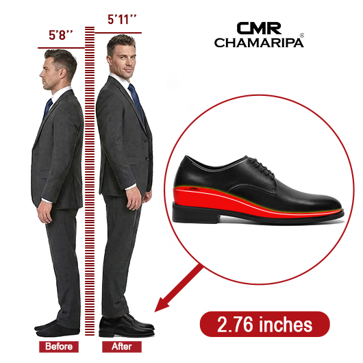Mens Raised Shoes | Black Leather Plain Toe Derby Shoes 7 CM / 2.76 Inches