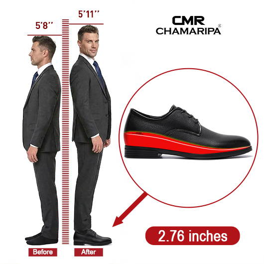 Elevator Dress Shoes For Men | Black Tumbled Leather Derby Shoes 7 CM / 2.76 Inches