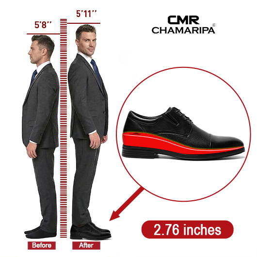 Men height increasing shoes | Black Leather Cap-Toe Derby Shoes 7 CM / 2.76 Inches