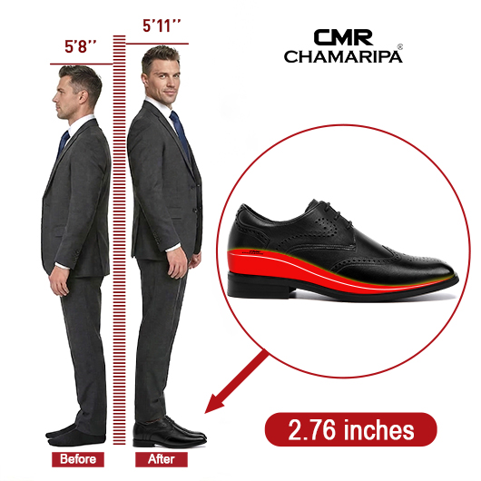 Men's Height Increasing Formal Shoes - Black Leather Wingtip Brogue Derby Shoes 7CM / 2.76 Inches