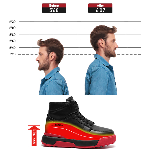 Men's Invisible Height Increasing Shoes | Black Leather High-top Sneakers 10CM / 3.94 Inches