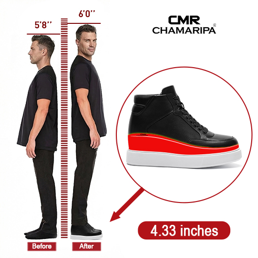 Elevator Shoes Men's | Black Leather High Top Sneakers 4.33 Inches