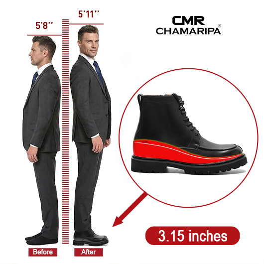 Tall Mens Boots | Black Leather Lace-Up Work Boots 3.15 Inches