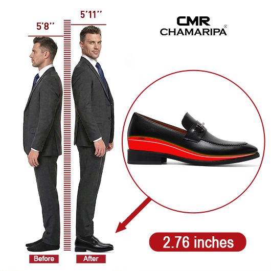 Men's Height Increasing Loafers | Black Leather Metal Buckle Slip-On Shoes 7 CM / 2.76 Inches