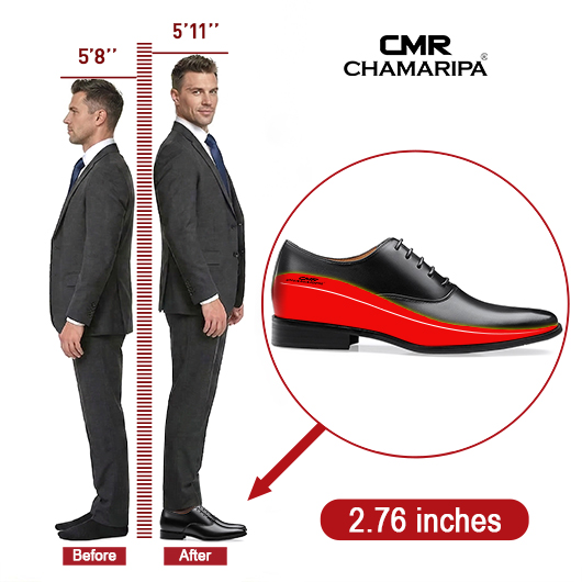 elevator shoes for men - black leather height increasing men's oxford shoes 2.76 inches / 7cm