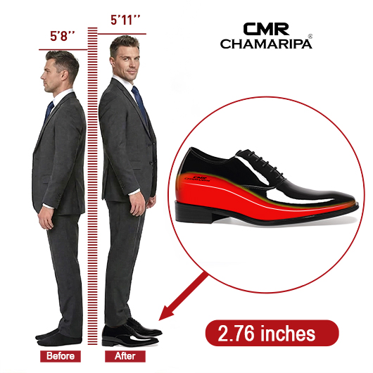 Black Glossy Elevator Tuxedo Shoes Patent Leather High Increase Shoes 2.76 Inches / 7 CM