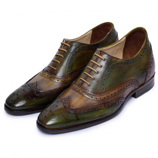 Chamaripa Wedding Elevator Shoes for Men - Wingtip Brogue Oxford - Green 7CM / 2.76 Inches
