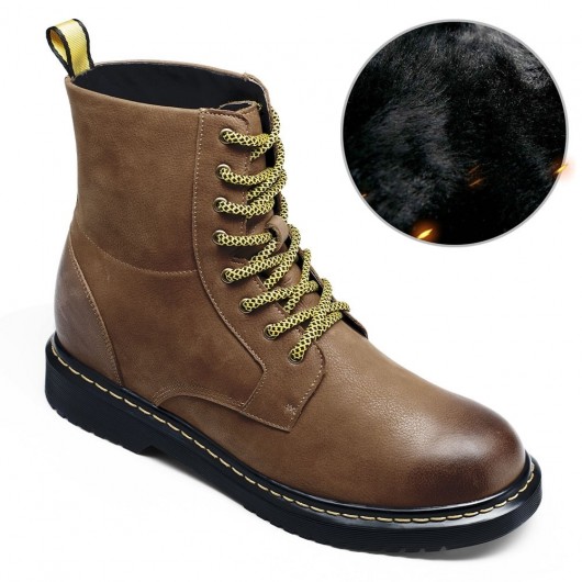 tall men shoes boots - brown lace up warm fur lined mens elevator boots 8 CM / 3.15 Inches