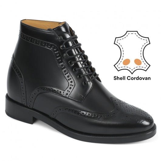 Height Increasing Wing Tip Boots - Black Shell Cordovan Elevator Boots for Men - Black Brogue Boots 9cm / 3.54 Inches