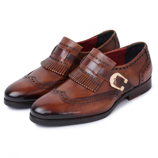 CHAMARIPA dress elevator shoes for men - wingtip brogue kiltie monk strap - brown - 7CM / 2.76 inches taller