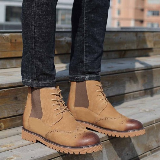 CHAMARIPA men's height increasing elevator boots brown leather brogues boots make you 8CM/3.15 Inches taller