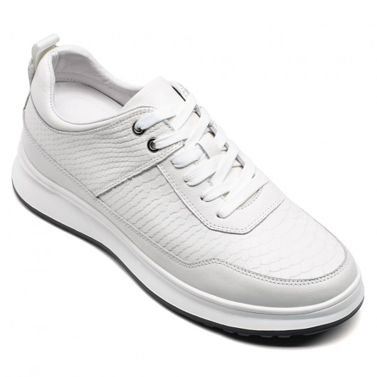elevator sneakers for men - white leather hidden heel sneakers- height increasing sneakers for men 7CM /2.76 Inches