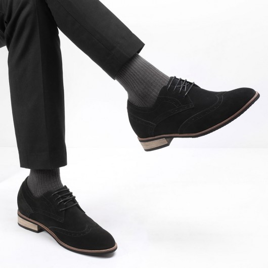CHAMARIPA elevator shoes high heel men dress shoes height increasing black suede wingtip brogues 8CM /3.15 Inches