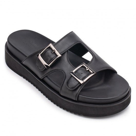 men's height increasing slippers - elevator slippers for men - black cowhide leather elevator sandals 5 CM / 1.95 Inch