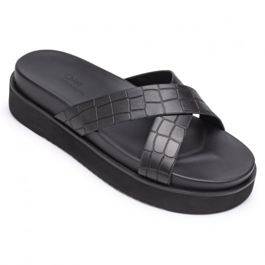 elevator slippers - black leather height increasing slippers for men - outdoor indoor slippers 5CM/1.95 Inches