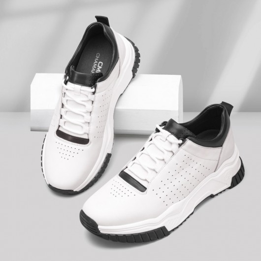 mens shoes with height - mens elevator shoes - White leather casual tall men shoes taller 7 CM / 2.76 Inches