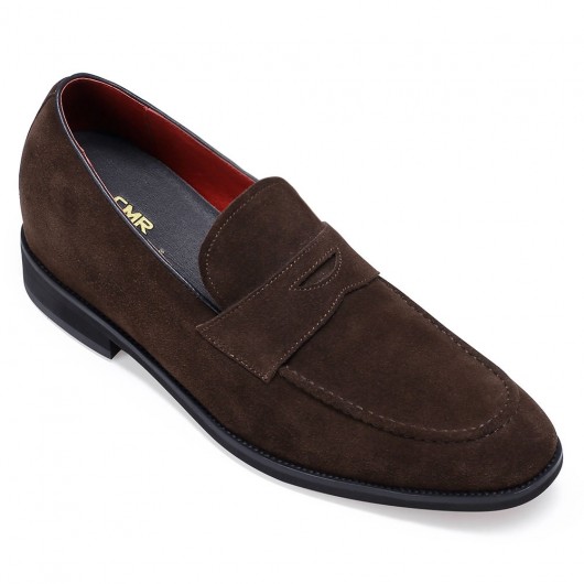 CHAMARIPA - hidden heel shoes for men - men's elevator shoes - Brown Suede Leather penny loafer - 6 CM/ 2.36 inches taller