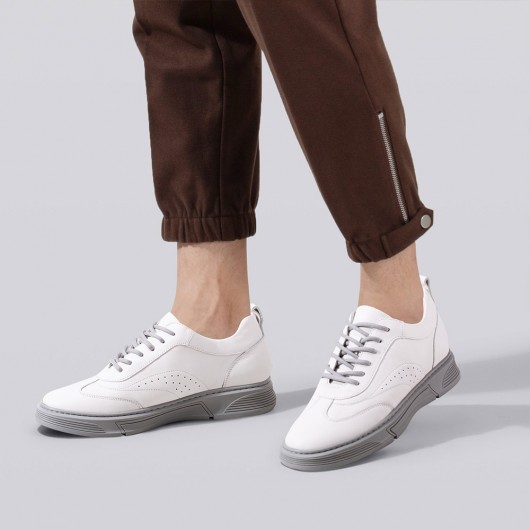 Height Increasing Casual Shoes - White Leather Elevator Sneakers - Taller Shoes for Men 6CM / 2.36 Inches