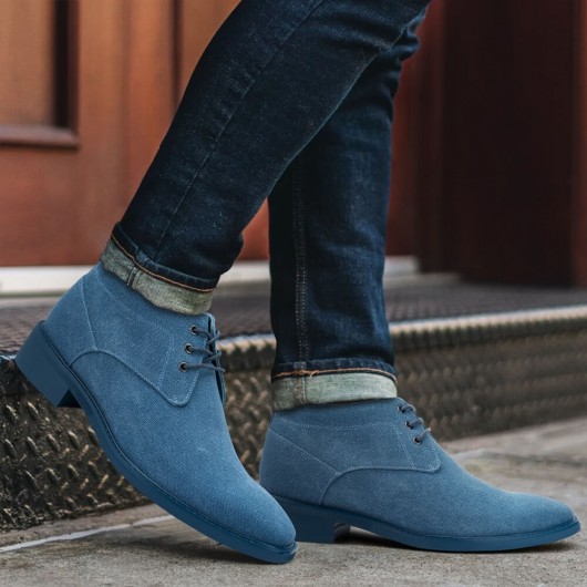 height increasing boots - mens boots that make you look taller - handmade blue canvas mid-top men's desert boots 7 CM / 2.76 Inches 