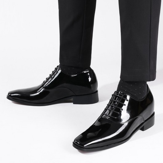 Black Glossy Elevator Tuxedo Shoes Patent Leather High Increase Shoes 2.76 Inches / 7 CM