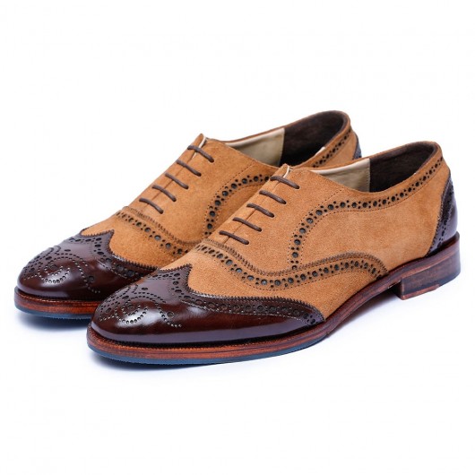 high increase shoes - elevator heel shoes - tan suede and dark brown custom made wingtip brogue oxfords 7 CM / 2.76 Inches