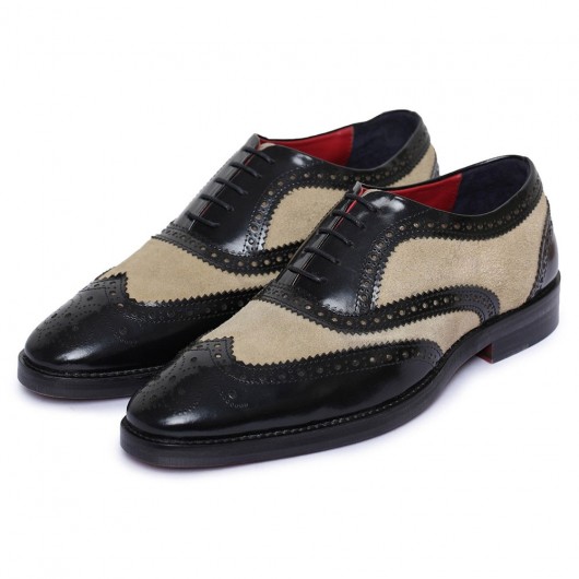 height increasing dress shoes - shoes with raised heel - black and suede wingtip brogue handcrafted oxfords 7 CM / 2.76 Inches