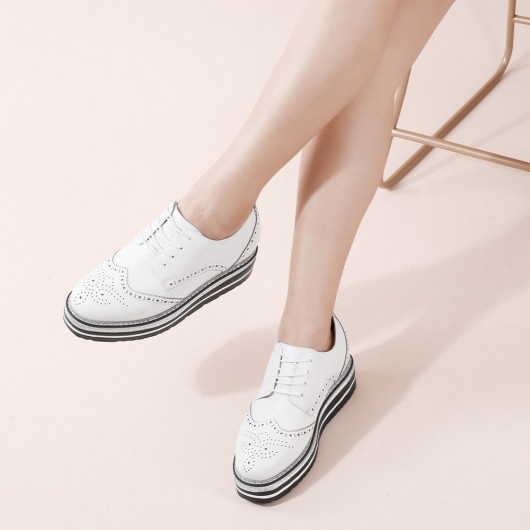 Women's  leather casual platform elevator shoes white 7CM/2.76inches taller 