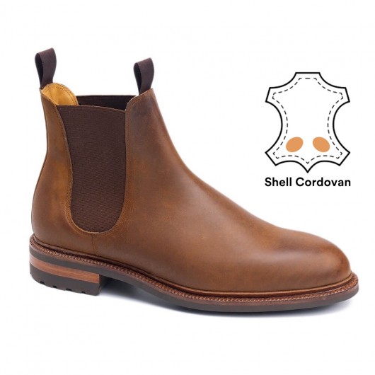 Tobacco Brown Shell Cordovan Elevator Shoes - Height Increase Chelsea Boots - Shoes to Get Taller 7 CM / 2.76 Inches