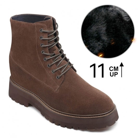 elevator boots for men - height increasing tall men boots - brown suede warm fur lined boots 11 CM / 4.33 Inches