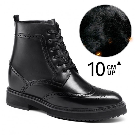 Men Elevator Shoes - Boots That Make Men Taller - Black Fur Lined Brogue Boots 10 CM / 3.94 Inches